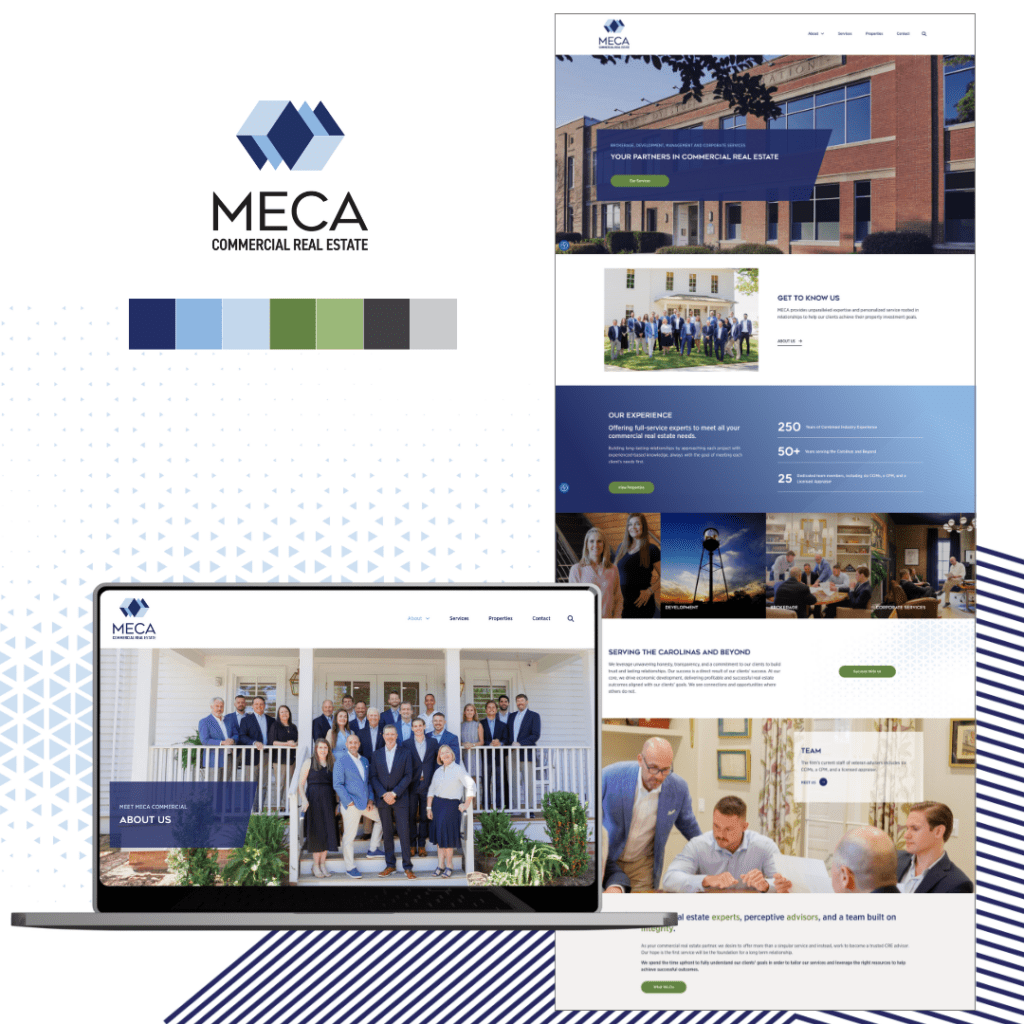 Graphic of MECA Commercial Real Estate Website and brand identity.