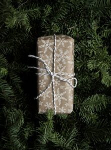 A gift-wrapped present with a string bow, laying on a bed of pine tree needles.