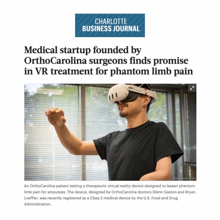 Charlotte Business Journal, Medical startup founded by OrthoCarolina surgeons finds promise in VR treatment for phantom limb pain.