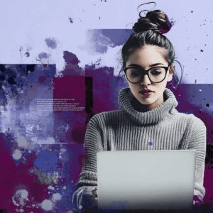 AI generated illustration of a woman working on a laptop edited with Ascent's brand colors