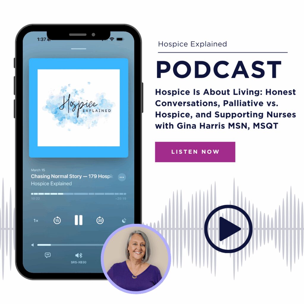 Hospic Explained Podcast Graphicm Hospice Is About Living: Honest Conversations, Palliative vs. Hospice, and Supporting Nurses with Gina Harris MSN, MSQT