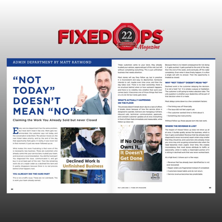 Thought leadership article from Bowtie Solutions COO, Matt Raymond, in the latest edition of Fixed Ops Magazine.