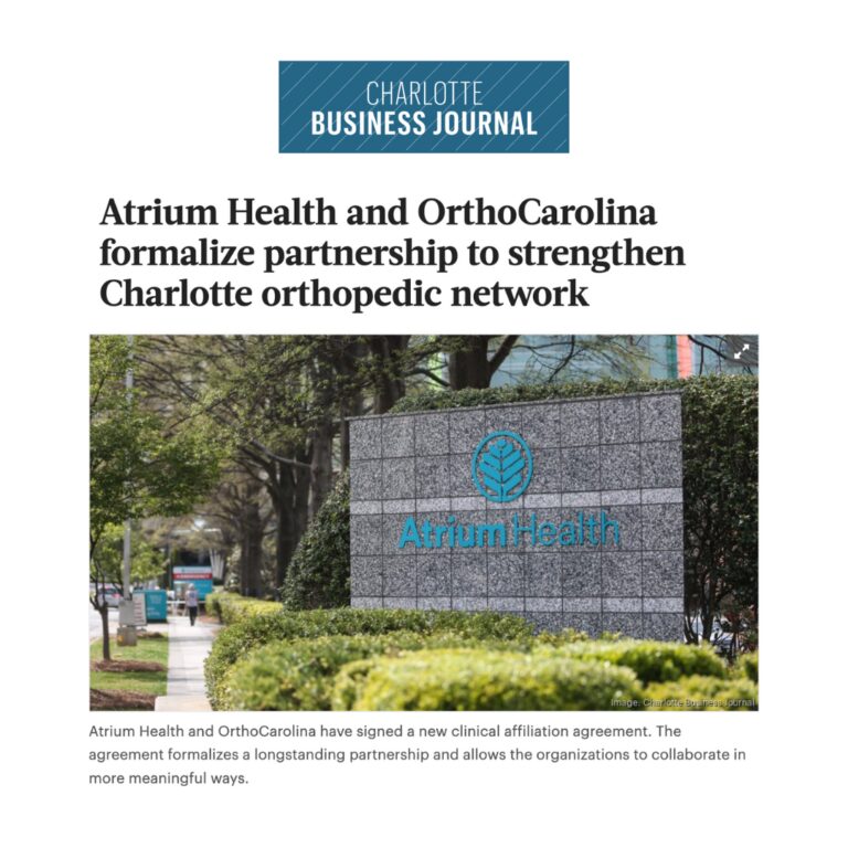 Screenshot of news coverage from Charlotte Business Journal 'Atrium Health and OrthoCarolina formalize partnership to strengthen Charlotte orthopedic network