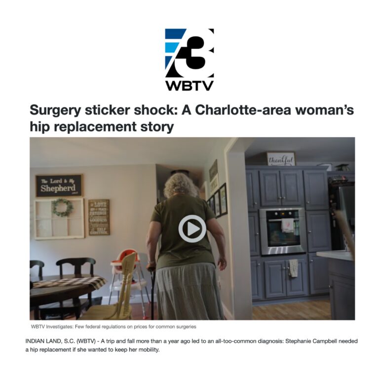 screenshot of OrthoCarolina News Coverage from WBTV 3 'Surgery sticker shock: A Charlotte-area woman's hip replacement sotyr