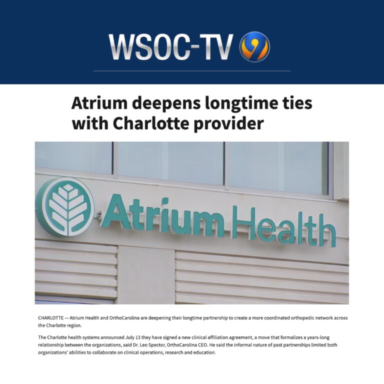 Screenshot of WSOC-TV coverage of OrthoCarolina 'Atrium deepens longtime ties with Charlotte provider